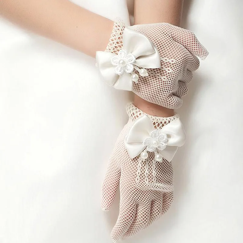 1pair Kids Lace Pearl Mesh Bow Gloves Flower Fishnet Gloves Party Supplies Birthday Ceremony Coronation Accessories For Princess