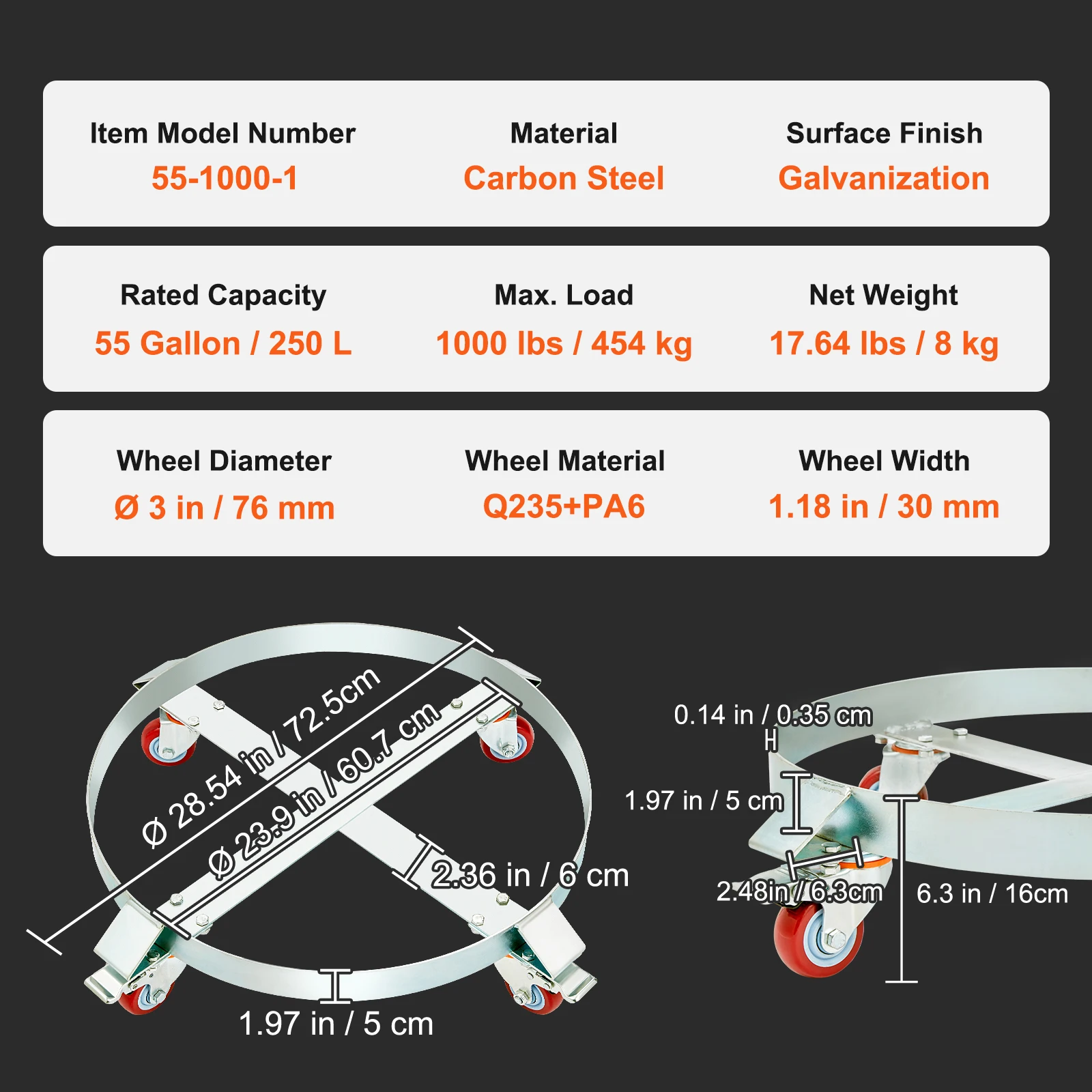 SucceBuy 55 Gal Swivel Drum Dolly Heavy Duty Bucket Cart With 4/5/8 Rotating Casters Wheels Anti-Tipping For Workshops_voghion.com