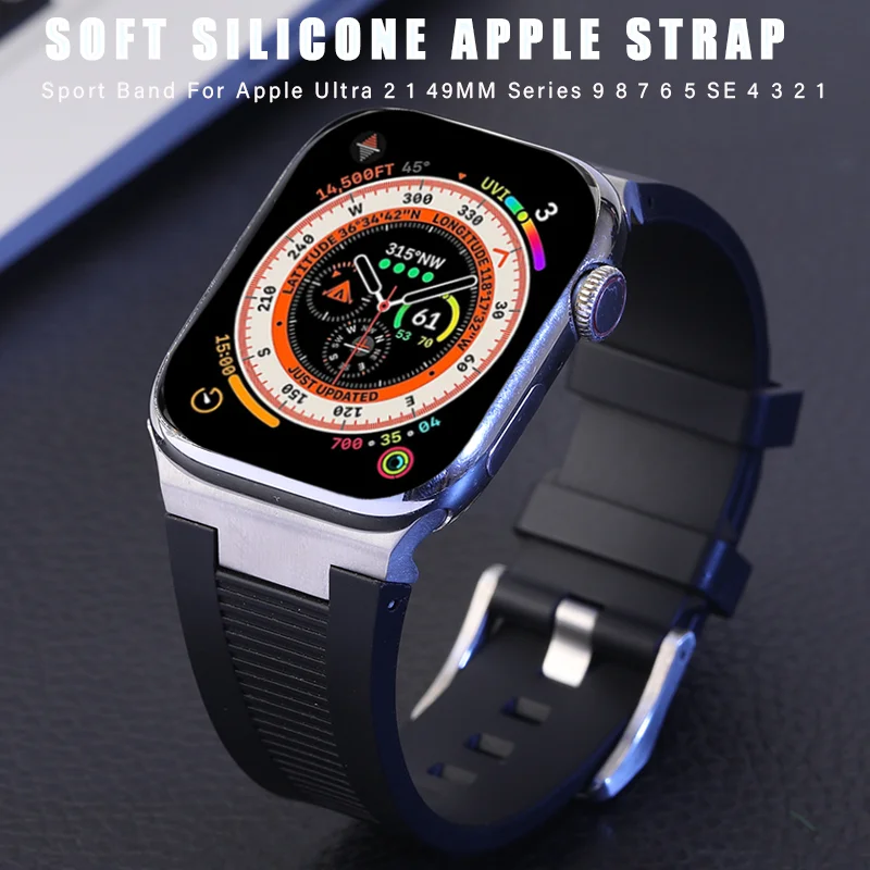 

Soft Silicone Strap for Apple Watch Ultra 2 49mm 45mm 44mm 42mm Sports Rubber Correa for IWatch Series 9 8 7 6 5 4 SE Bracelet