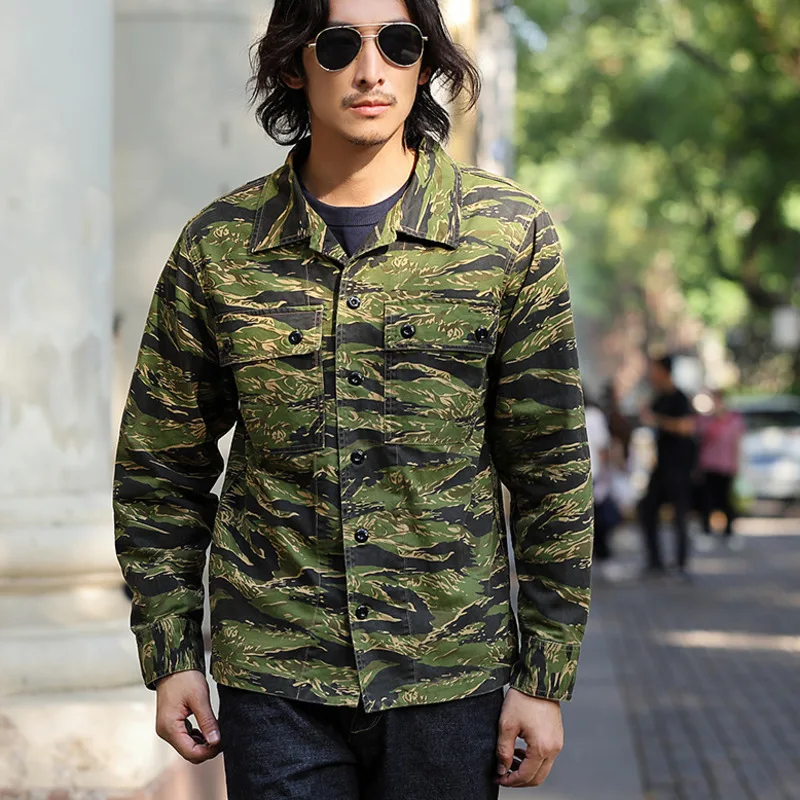 Combinaison Militaire Vintage American Field – Tiger Stripe Camouflage, Manches Longues, Taille XL