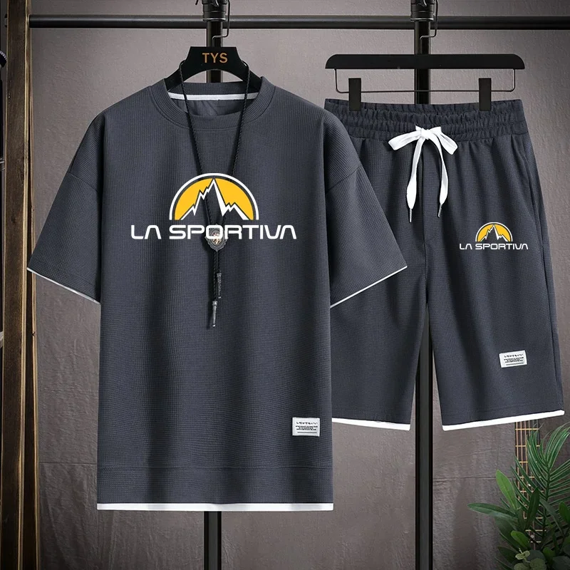 

Summer Men's Fitness Jogger Fashion Sportswear Quick Drying Sports Suit La Sportiva Short Sleeve T-Shirt + Shorts 2 Piece Set