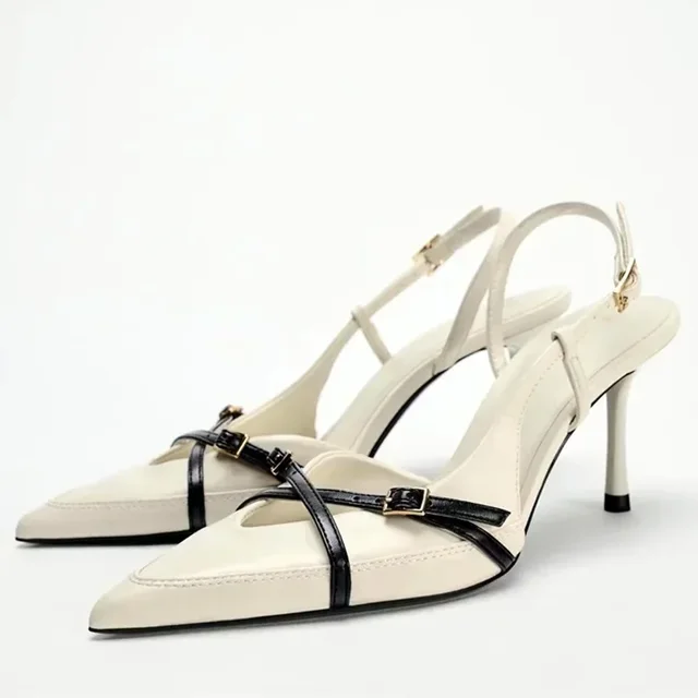 Sexy Pointy Toe Cross Buckle Strap Women Pumps Summer White Elegant Slingbacks Heels for Women Luxury Designer Heeled Sandals