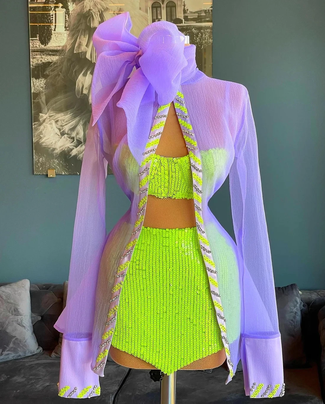 Lime Green Cocktail Dresses Sheath Short Mini Sequins Two Pieces Homecoming Dresses Haute Couture Customized