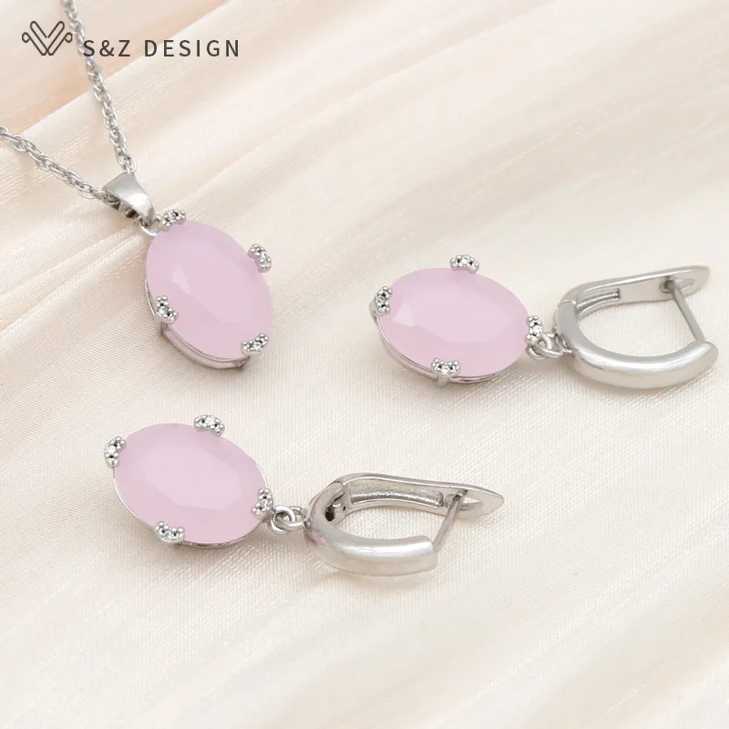 S&Z DESIGN New Fashion Oval Pink Cubic Zirconia Drop Earrings Pendant Necklace Jewelry Sets For Women Girl Elegant Jewelry