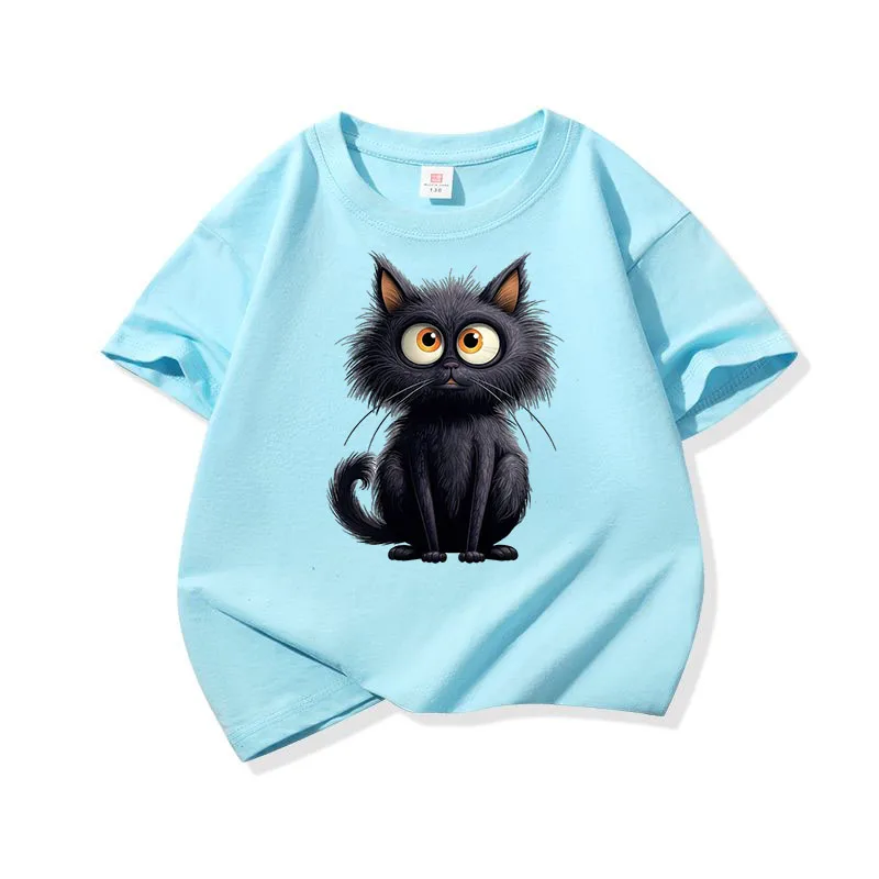 Adorable Black Cat Graphic Kids' Cotton Tee - Soft, Breathable Short Sleeve Shirt