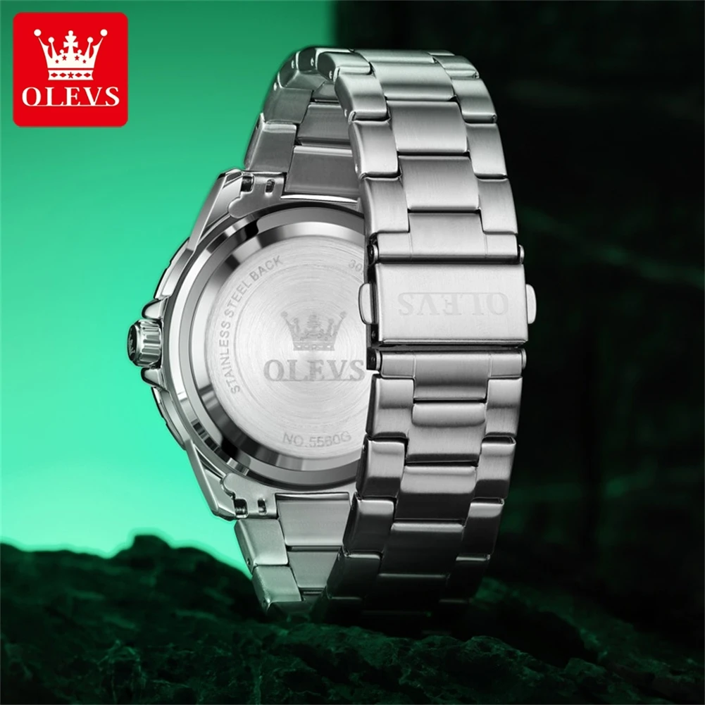 OLEVS Mens Watches Top Brand Luxury Stainless Steel Fashion Green  Quartz Watch for Men Waterproof Luminous Wristwatches Male