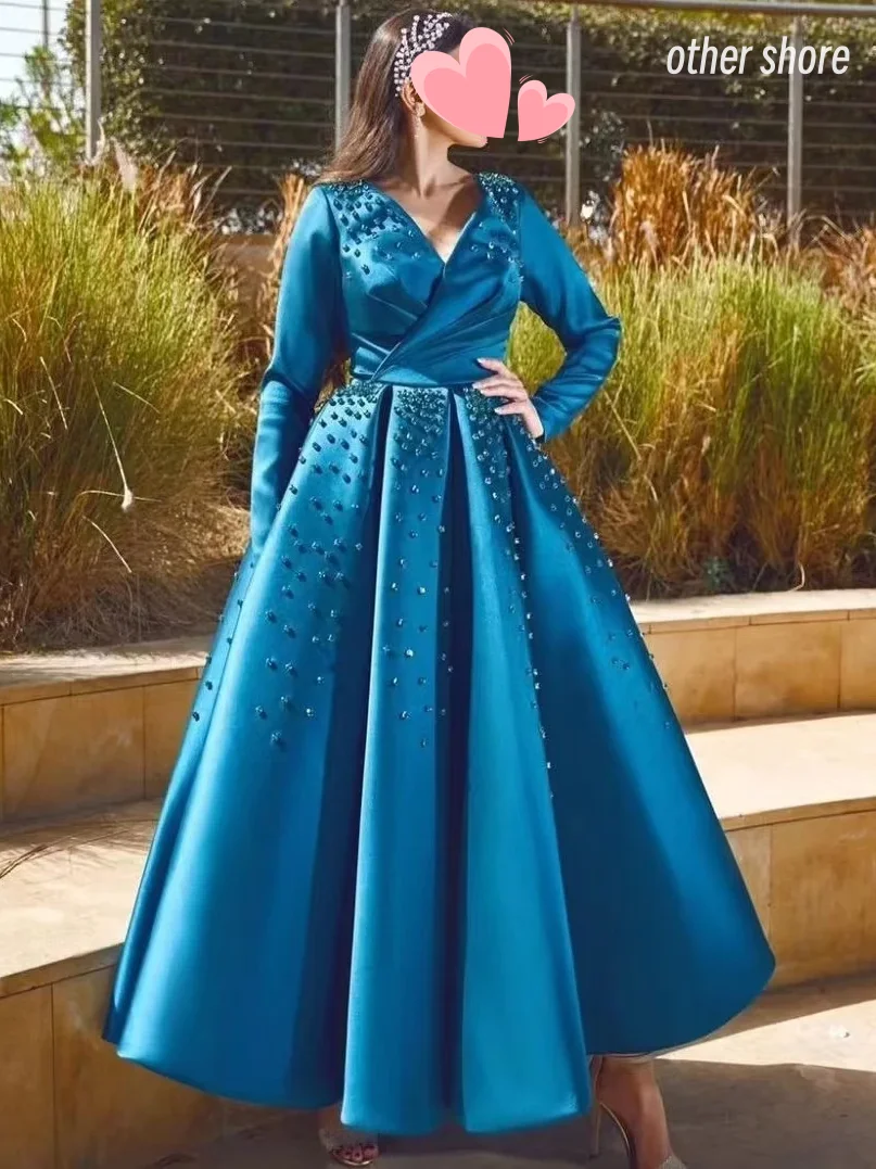 

Other Shore Elegant Vintage Sexy Blue Crystal Beading V-Neck A-Line Customize Formal Occasion Prom Dress Evening Party Gowns