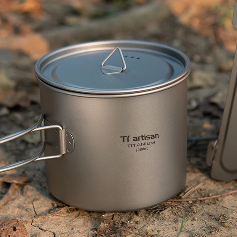 Foldable Handle Titanium Camping Pot Cup Outdoor Hiking Backpacking Ultralight Portable Hanging Pot with Lid Tiartisan 900ml camping cookware,camping cookware set