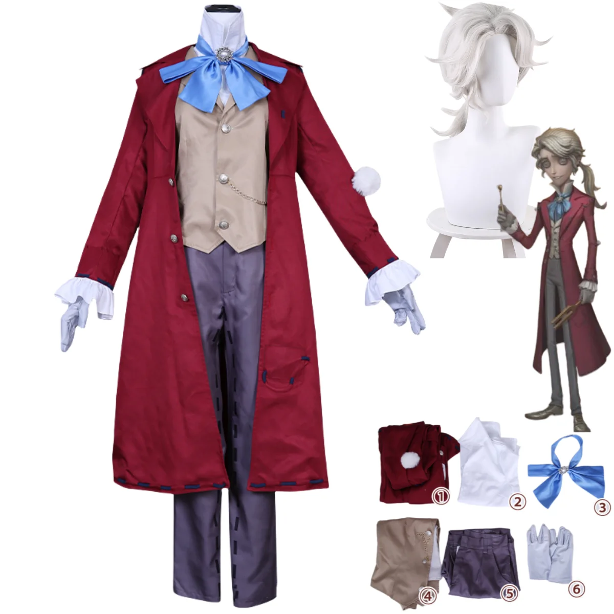 

Anime Game Identity Ⅴ Frederick Kreiburg Cosplay Costume Composer Wig Tailcoat Uniform Coat Adult Man Halloween Carnival Suit