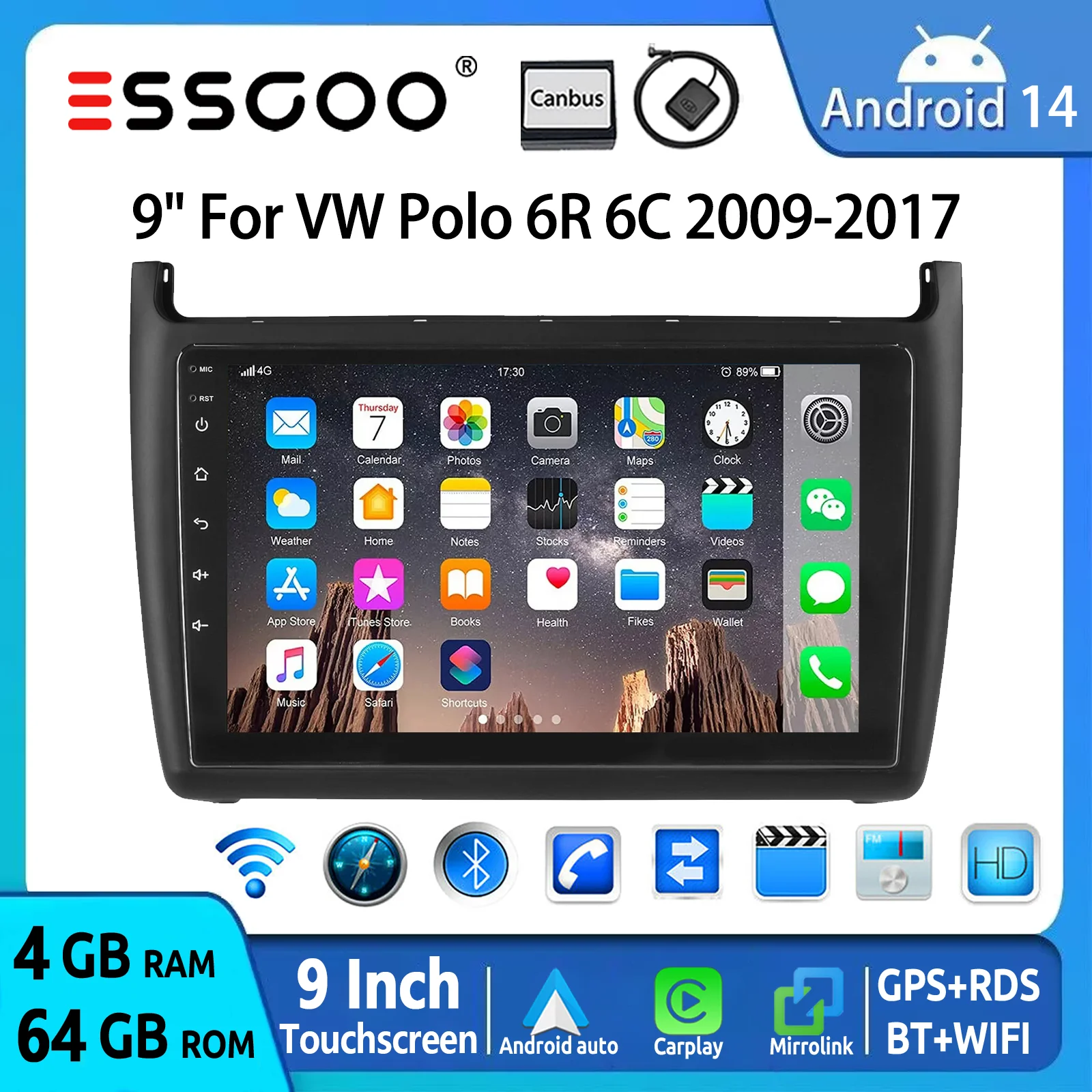 ESSGOO 4+64GB 9" 2 DIN para VW Polo 6R 6C 2009–2017 Radio de Coche Android 14 Carplay Inalámbrico Android Auto GPS FM WiFi BT Control desde el Volante RDS Mirror Link Pantalla Táctil Reproductor Multimedia 1