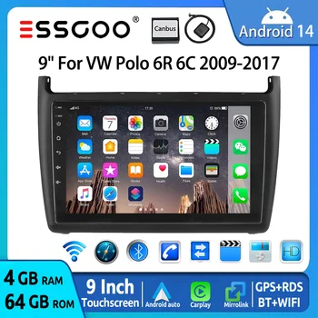 ESSGOO 4+64GB 9" 2 DIN para VW Polo 6R 6C 2009–2017 Radio de Coche Android 14 Carplay Inalámbrico Android Auto GPS FM WiFi BT Control desde el Volante RDS Mirror Link Pantalla Táctil Reproductor Multimedia 1