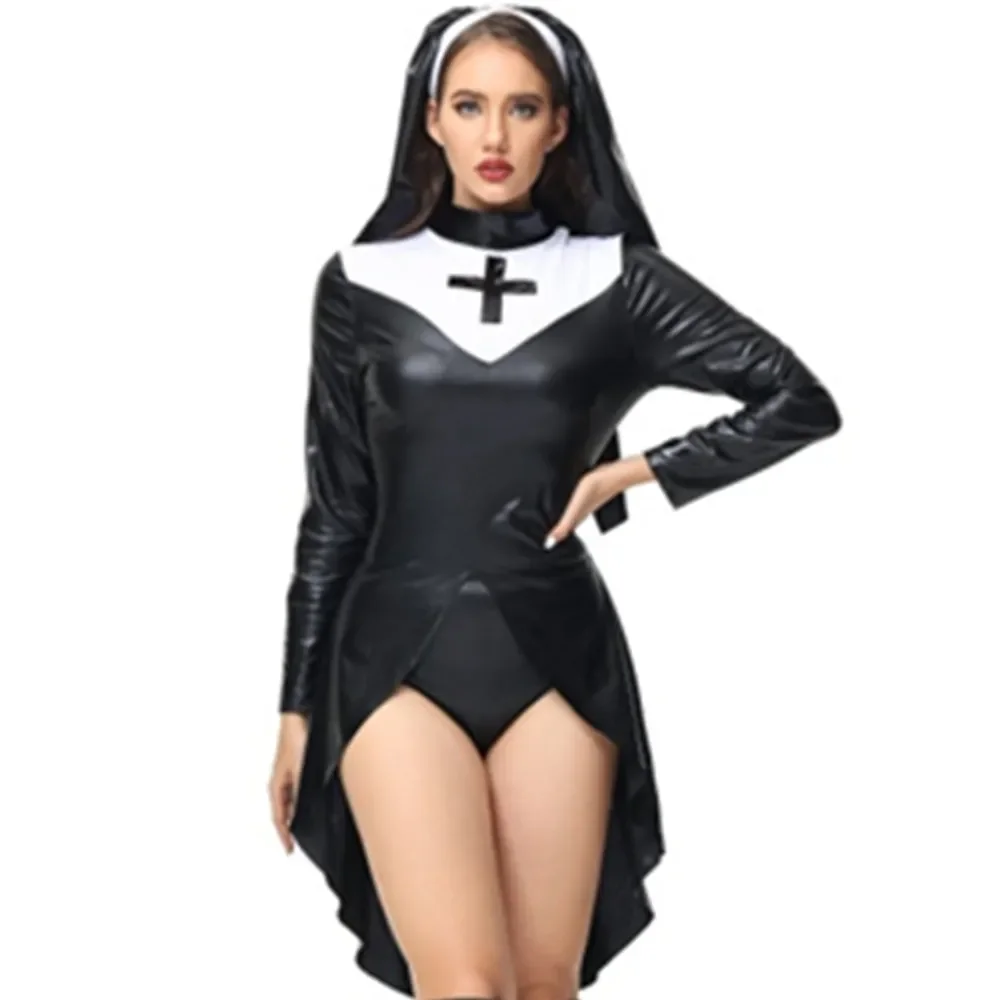 Ladies Nun Costume PU Latex Slim Tuxedo Dress Medieval Sexy Nurse Cosplay Carnival Halloween Fancy Party Dress