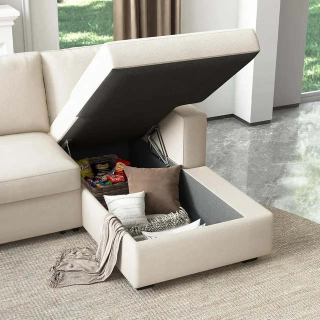 Divano letto componibile a forma di U in velluto beige con letto estraibile e contenitore per il soggiorno 5