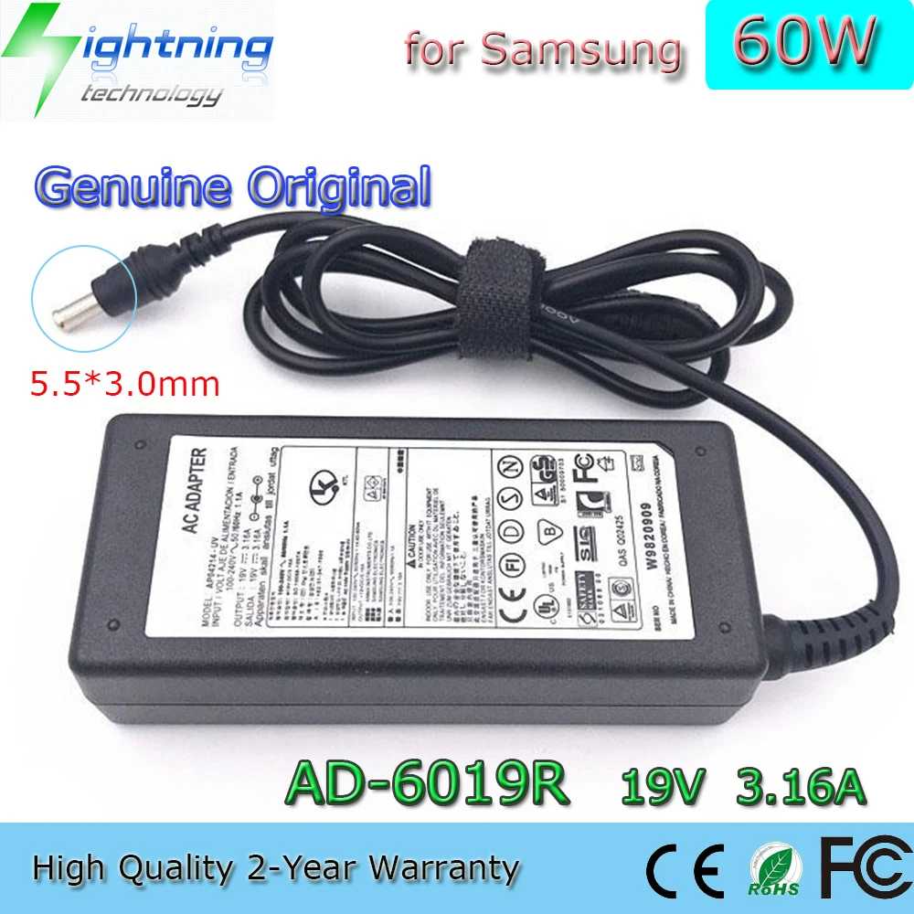 

Новинка оригинальный адаптер для ноутбука Samsung R540 R530 R580 R440 R480, 60 Вт, 19 в, 5,5 А, 3,0 * мм