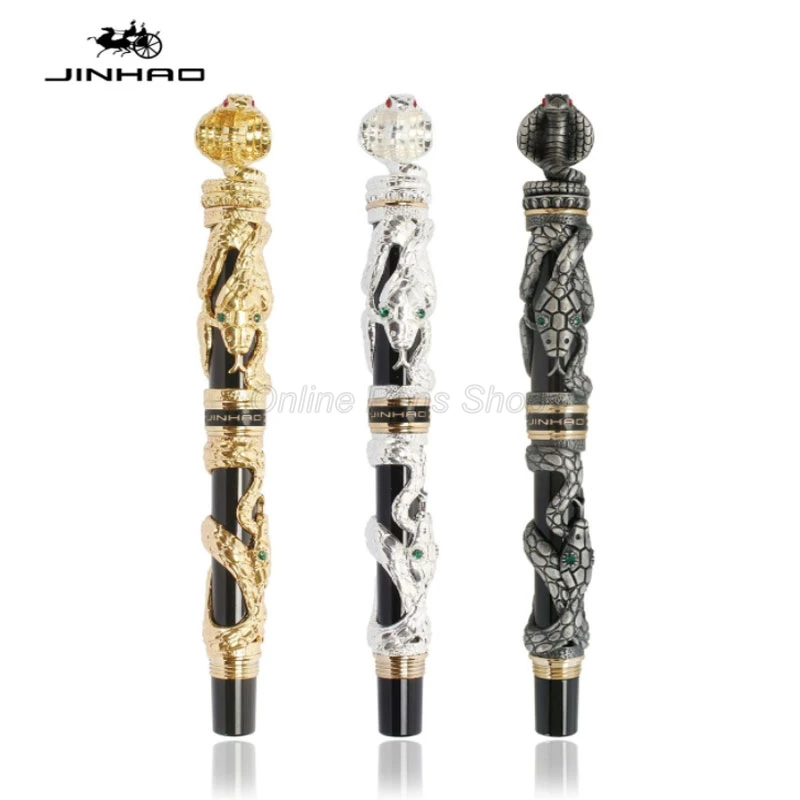 

Jinhao Ancient Golden 3D Snake Cobra Texture Relief Sculpture Medium Nib Fountain Pen Gold Trim Professional Office Stationery