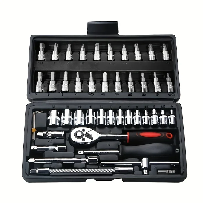 

46pcs Car Repair Tool Kit: Ratchet Torque Wrench, Spanner, Screwdriver, Socket Set Combo - Perfect For Bicycle & Auto Repairing!