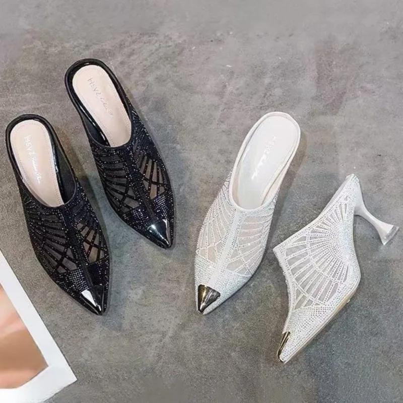 

Мюли женские на высоком каблуке, элегантные свадебные шлепанцы, сетчатые, со стразами, кружевные, летняя модель