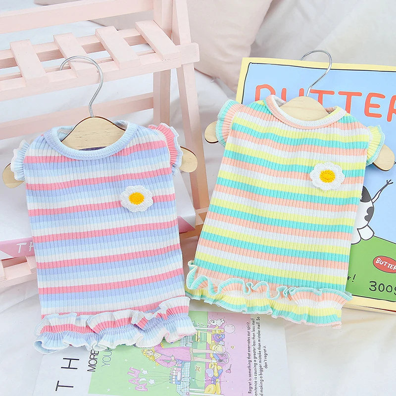 

Fashion Pet Tank Top Spring and Summer Dog Flower Stripe Clothing Teddy Two Legged Clothes Soft and Comfortable Puppy T-shirt