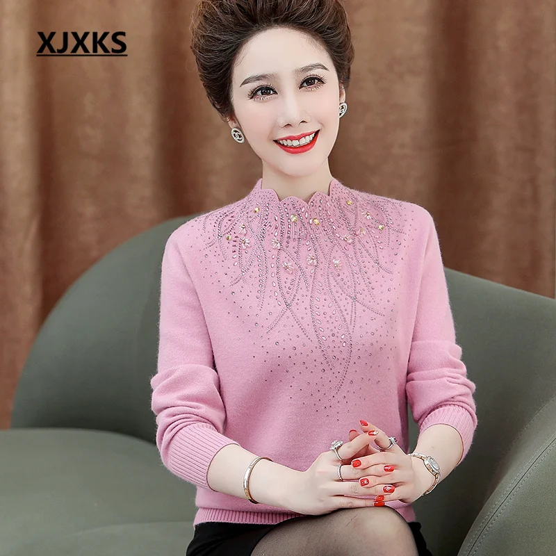 

XJXKS Delicate Diamond Half High Neck Women's Sweater 2023 Autumn And Winter New High-quality Wool Knitted Pullover