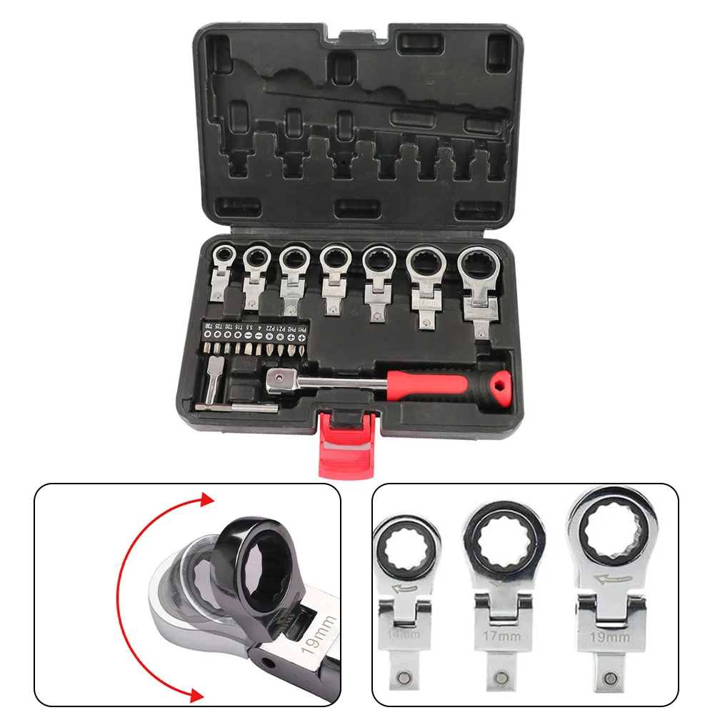 

20Pcs Flex Head Ratchet Wrench Set 8-19mm PH1,PH2,PZ1,PZ2,4,5.5,T15,T20,T25,T30 Changeable Torx Head Screwdriver Hand Tools