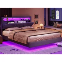 Queen Floating Bed Frame with RGB LED Lights Headboard, USB-C/A Power Combo, Linen Upholstered Platform Bed with Storage Headboa 1