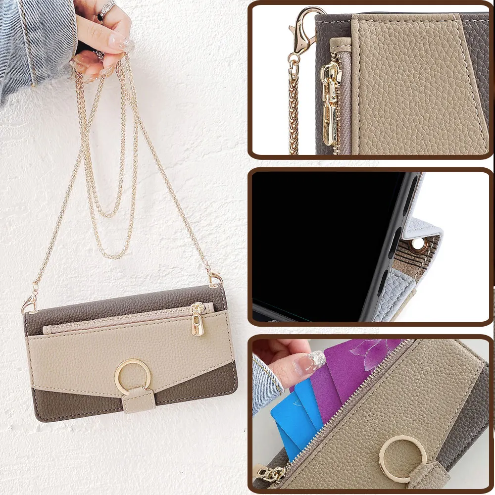 Premium Business Crossbody Phone Case with Zipper Wallet & Metal Chain Strap