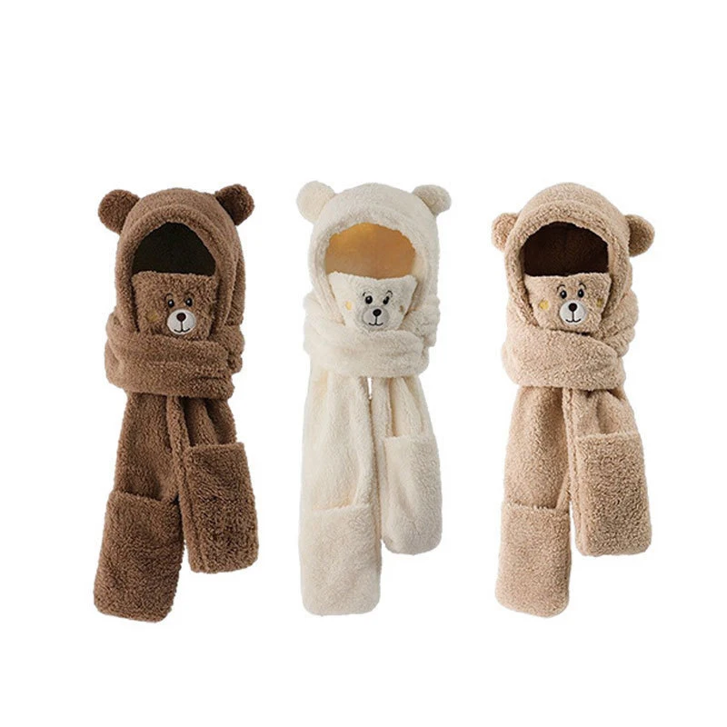 Cute Bear Ears Hat Scarf All-in-one Hat For Women Winter Plush Thickened Warm Ear Protection Scarf 4-piece Set 2