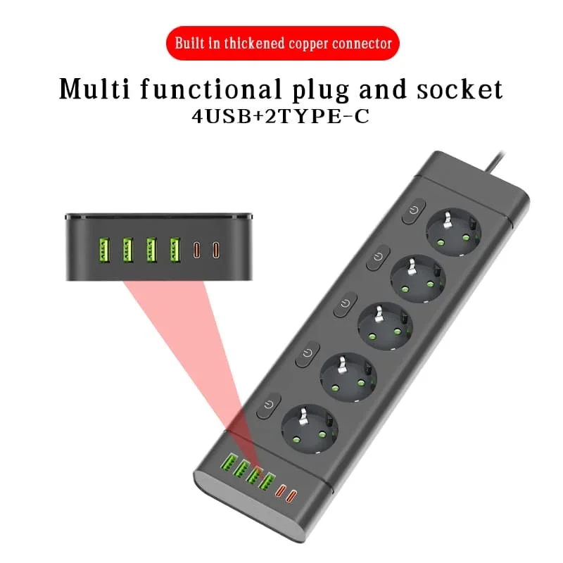 EU Plug Power Strip Multiple Independent Control Outlet Sockets 2m Extension Cord with 4 USB 2 Type-C Ports