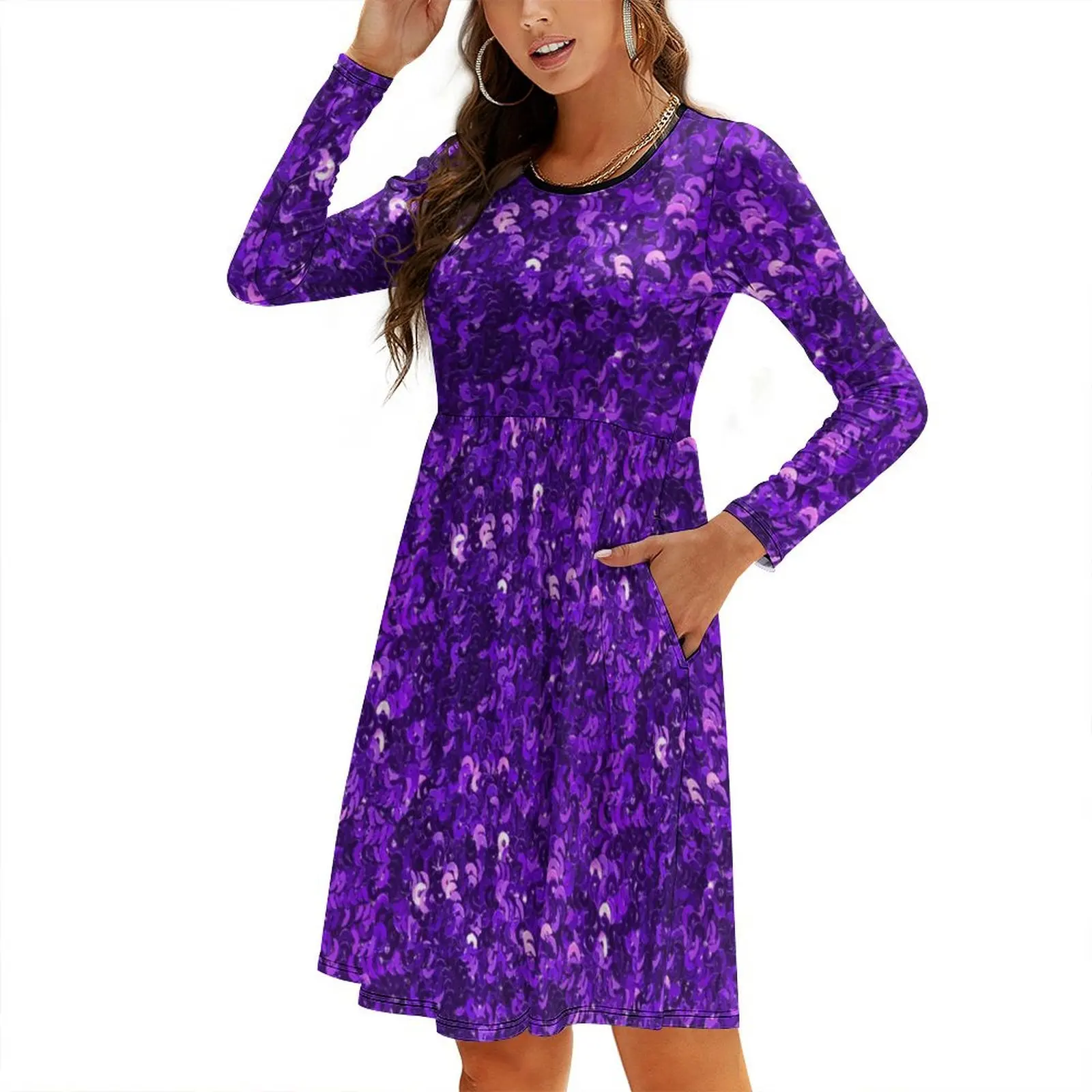 

Purple Sequin Print Round Neck Baggy Dress Woman's evening dress evening dresses ladies long dress women summer woman