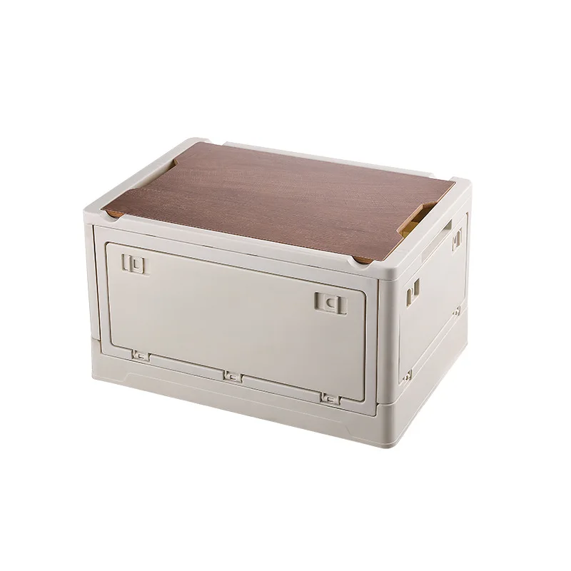 Camping Folding Box Outdoor Car Home Storage With Wooden Lid Side Openable
