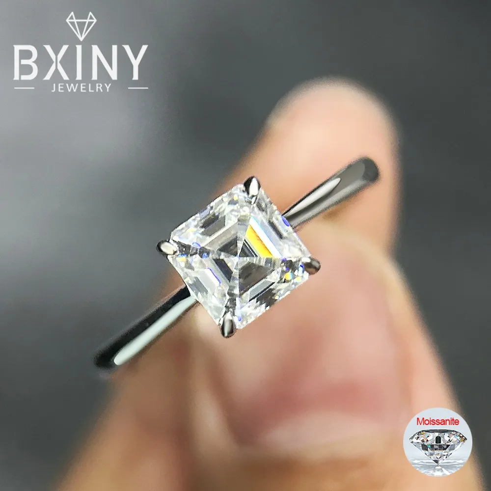 BXINY 1Carat Asscher Cut Moissanite Rings 925 Sterling Silver GRA Certified Lab Diamond for Women Solitaire Wedding Band Jewelry