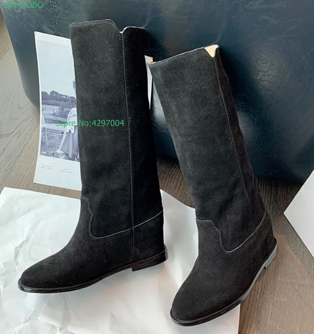 

Retroe Suede Knee High Boots Women Chunky Heel Cowboy High Boots Point Toe Made Old Long Boots Women Slip On Winter Shoes Woman