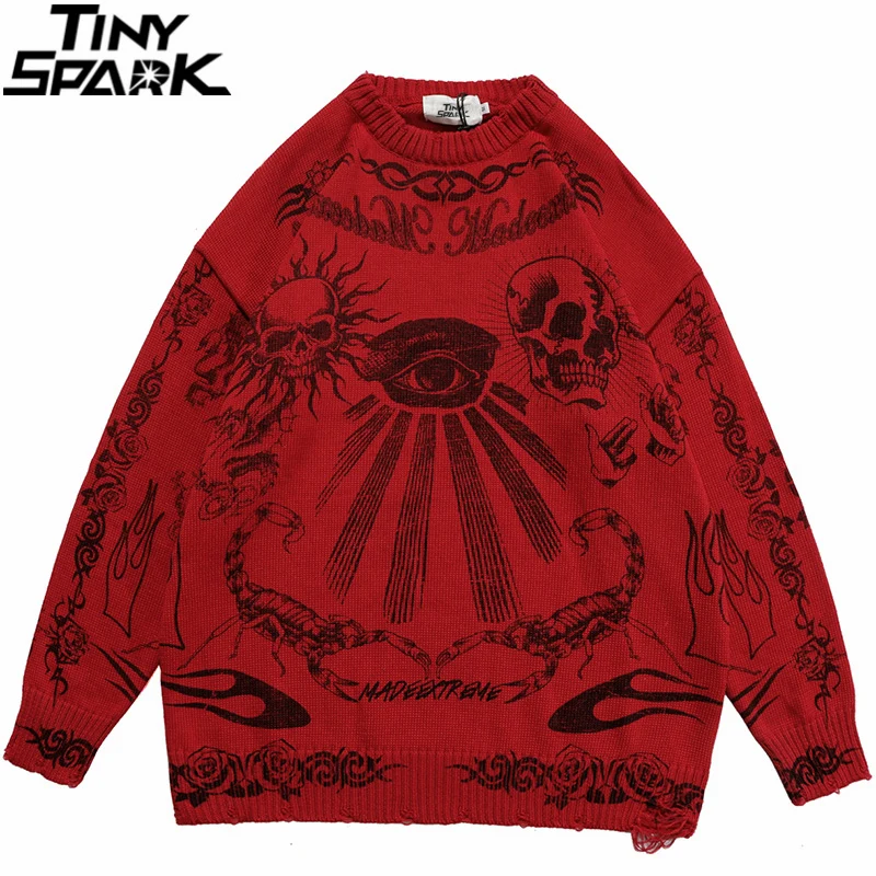 

2024 Hip Hop Knitted Sweater Streetwear Rose Eye Scorpion Print Ripped Pullover Men Harajuku Cotton Casual Autumn Sweater Skull
