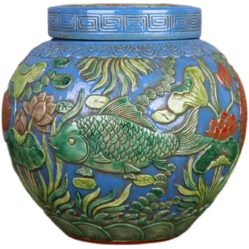 

Chinese Blue Famille Rose Porcelain Jar Relief Fish Pot 7.2 inch