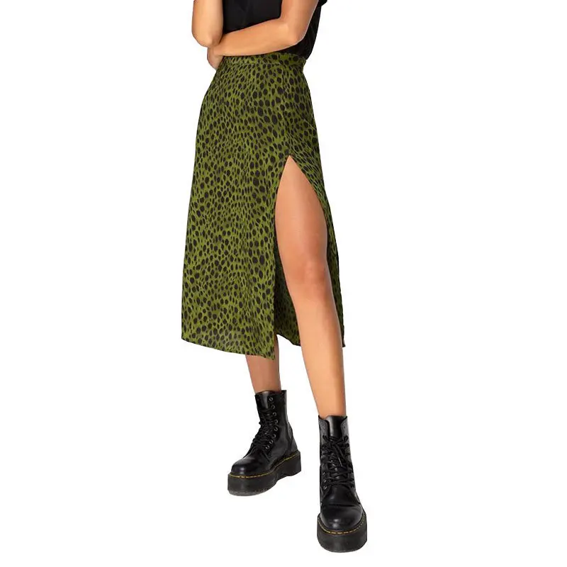 Flower Leopard Print High Waist Stretch Slit Long A-line Skirt Woman