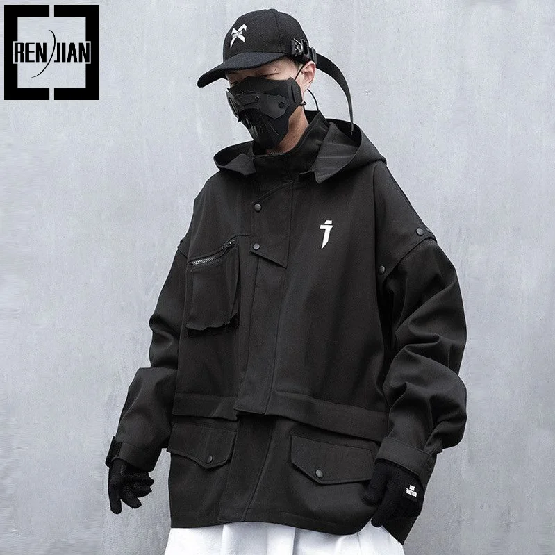 

Mens Hi Street Techwear Jacket Fashion Streetwear Tactical Coat With Hood Cargo Outerwear Removable Vest Oversized Hip Hop Tops