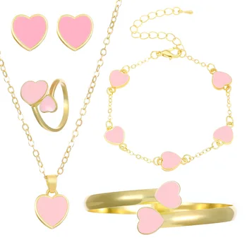 5-piece European American Heart Jewelry Set Korean Fashion Romantic Heart Earrings Necklace Ring Bracelet Bangles For Women 2025