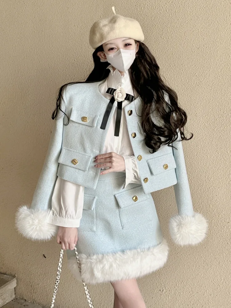 

High Quality Winter Thick Warm Fashion Two Piece Set For Women Short Jacket Coat + Skirt Suits Girl Gentle Sweet 2 Piece Outfits