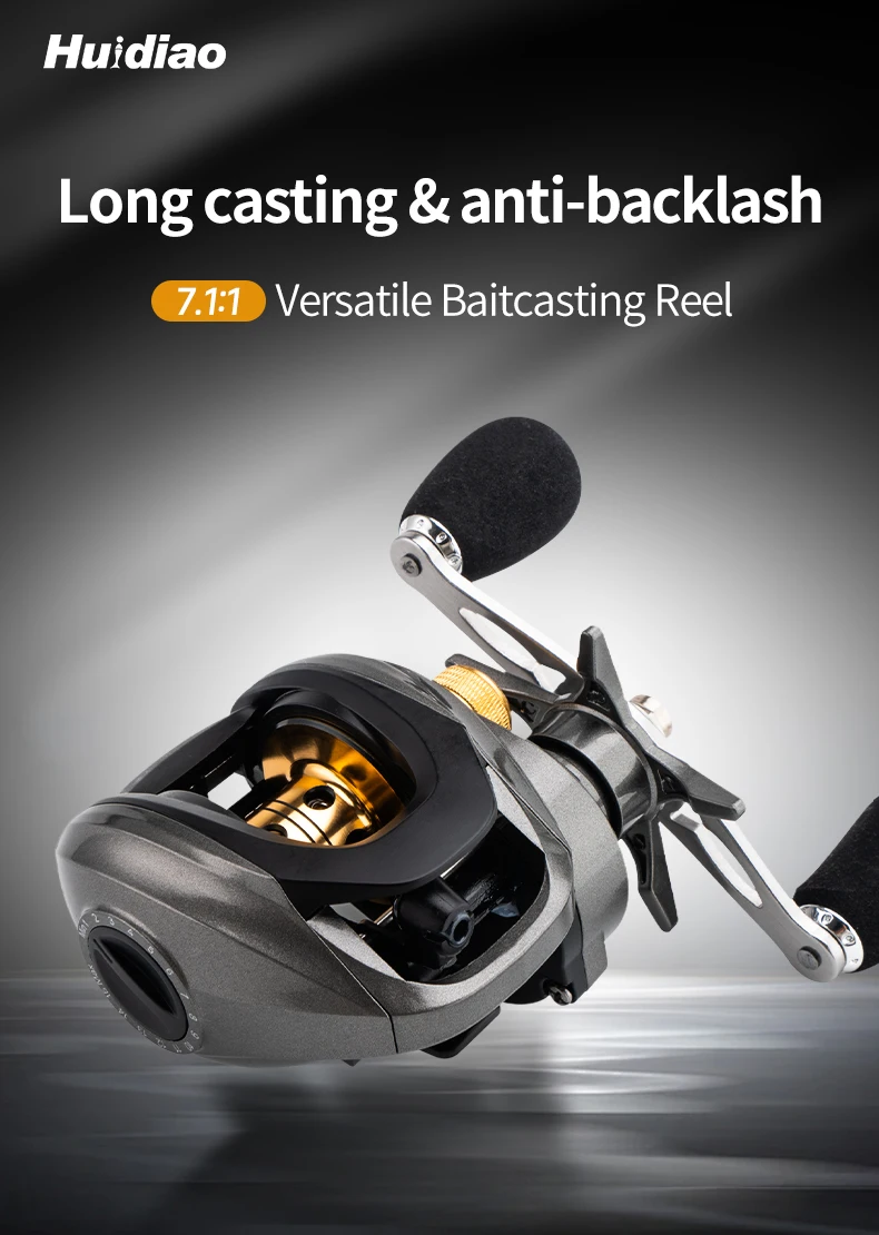 Huidiao Allround-Baitcasting-Rolle mit Bremsklicker 7.1:1 Ultraleicht 15-Stufen Magnetbremssystem 130mm Doppelgriff – Detail 1