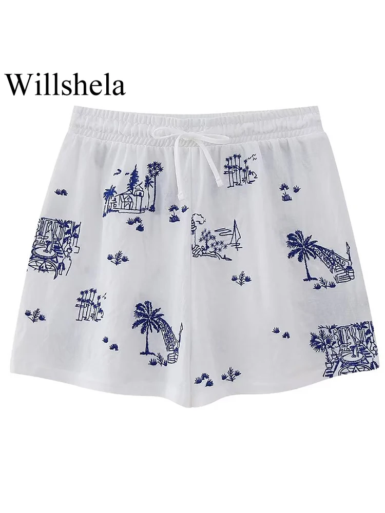 

Willshela Women Fashion Embroidery Printed Lace Up Mini Shorts Vintage High Elastic Waist Female Chic Lady Shorts