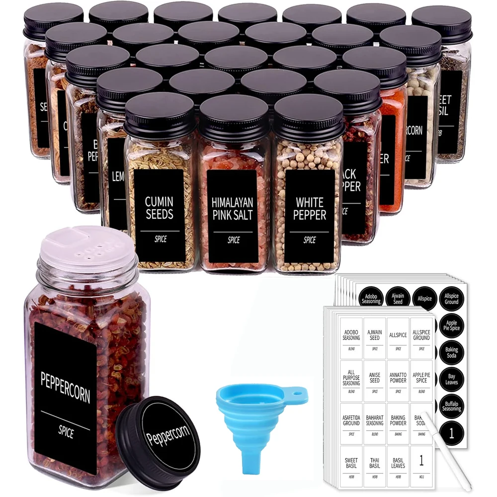 Keketin 30 Barattoli Vetro Per Spezie 120ml Con Etichette Nere, Tappi Argentati E Coperchi Shaker - Set Completo Con Imbuto E Pennarello
