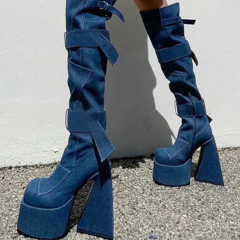 

New Blue Cowboy Over-the-Knee Boots Women Square Toe High Heels Women Platform Shoes Women Botas de mujer Sexy Botines Mujer