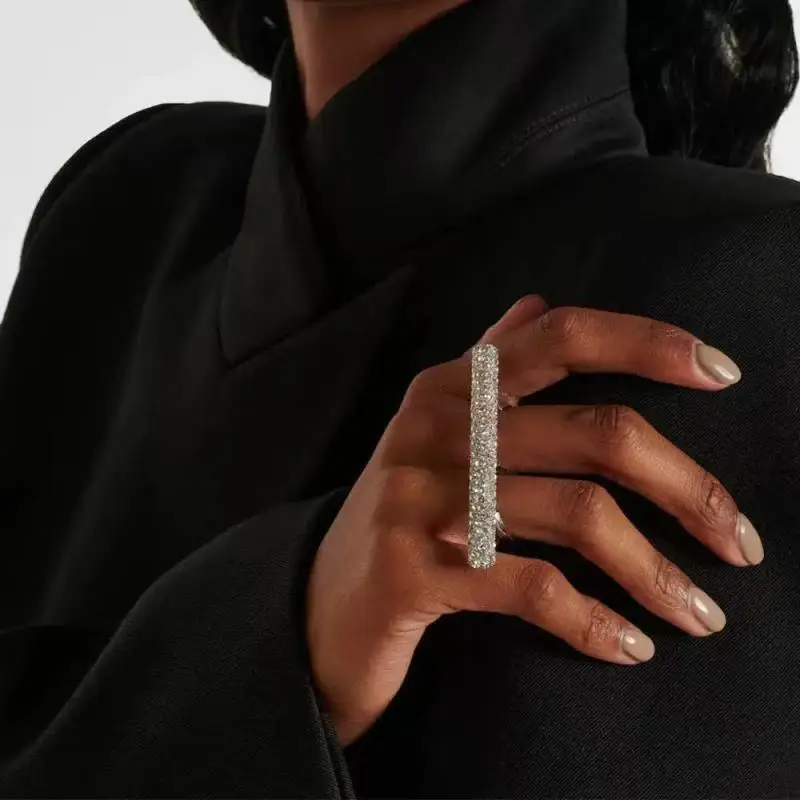 Mode Lange Bar Ring Zwei Finger Handgemachte Hand Zubehör Bling Geometrische Offene Ringe Für Frauen Party – Detail 2