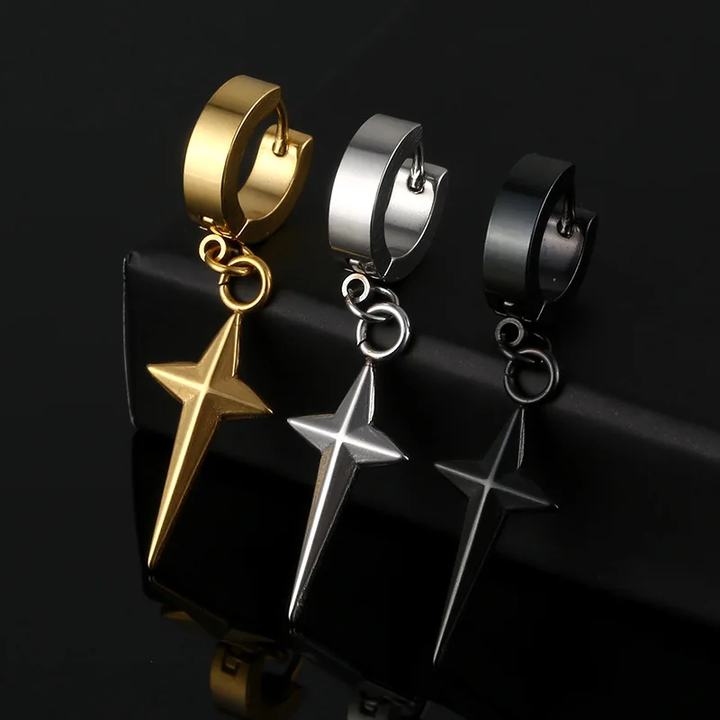 

300pcs/lot wholesale titanium steel four pointed star earrings, stainless steel hip-hop earrings, pendants, ear bone buckles