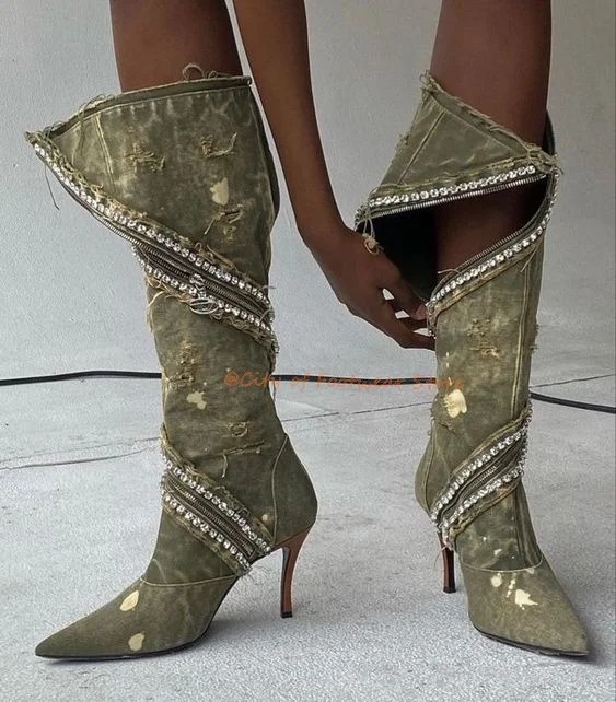 

Women's Denim Pointed Toe Sexy Crystal Zip Knee High Boots Stiletto High Heel Cowboy Boots Plus Size Designer Shoes Free Ship