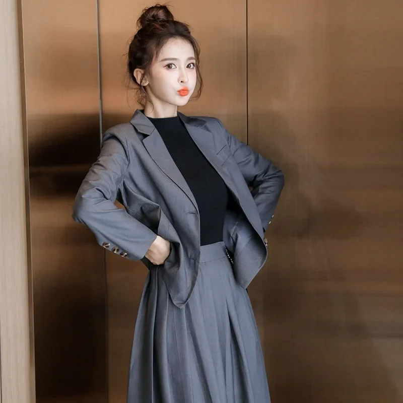 Women Sweet Two Piece Sets New Korean Women Pleated Skirt+Single-breasted Blazer Suit Female Business Ladies Work Skirt Suits