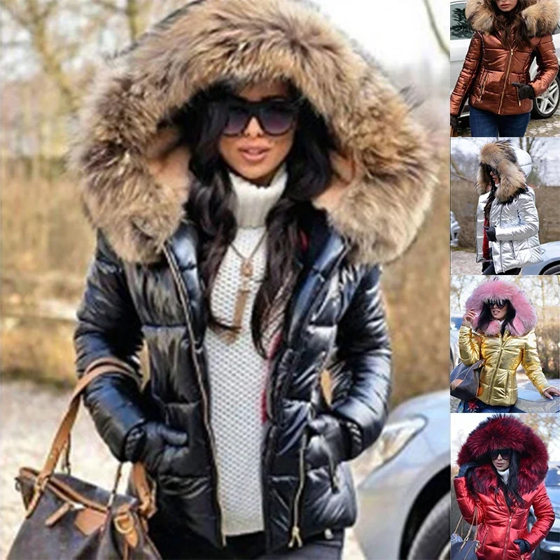 Women's Winter Thicken Warm Quilting Cotton-padded Coat Solid Short Fur Collar Hooded Jacket Fashion Waterproof Snow Jackets