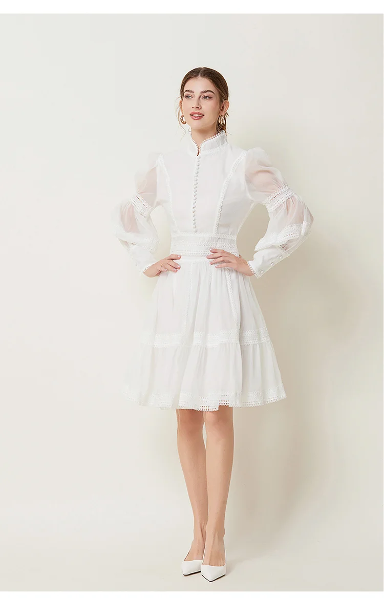 2024 French Elegant Lace Splicing Waist Lantern Sleeve Dress Vintage High Collar Princess Dress Organza Cocktail Women's Wear
