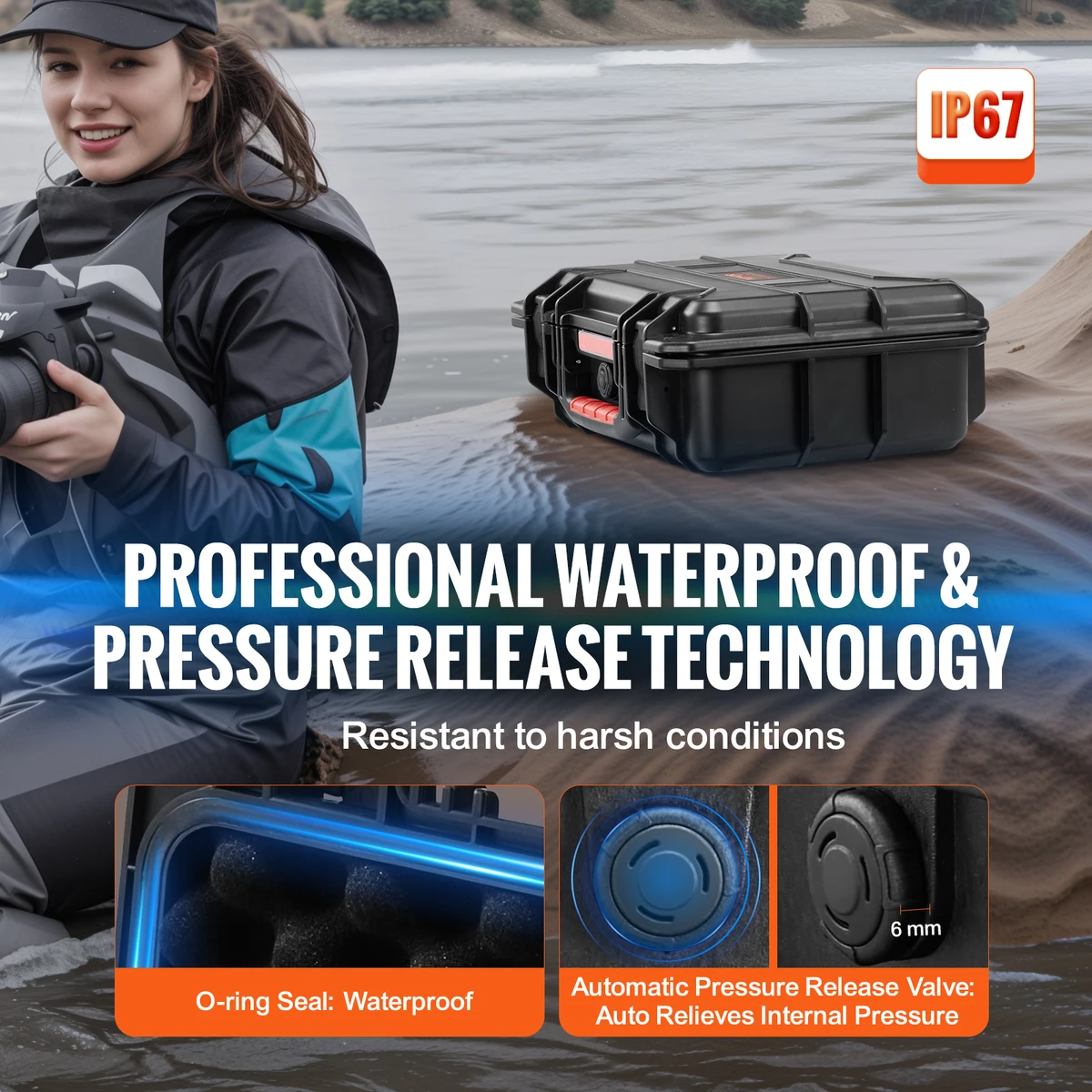 SucceBuy  IP67 Weatherproof Hard Case Heavy Duty Protective Case w/ Pre-cut Foam and Handles for Travel Hunting Military Cameras — view 4