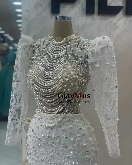 Giaymus modern mermaid wedding dresses with long sleeves luxury pearl beads embroidery lace wedding party dress